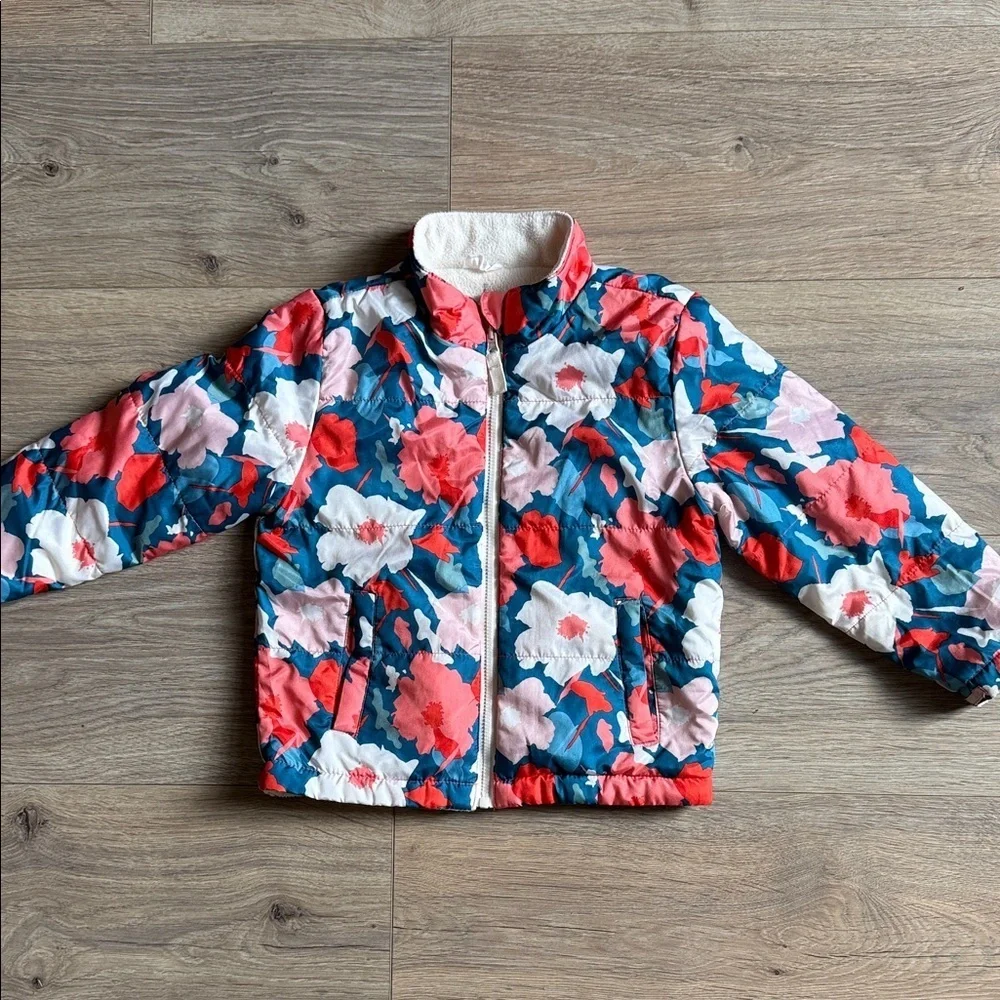 Floral Zip Up Fleece Lined Puffer Coat Jacket - Teal & Coral Size 3T